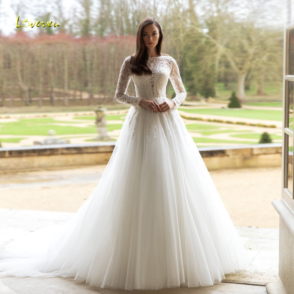 O-Neck Long Sleeve Robe Beaded Lace Appliques A-Line Wedding Dress The Clothing Company Sydney