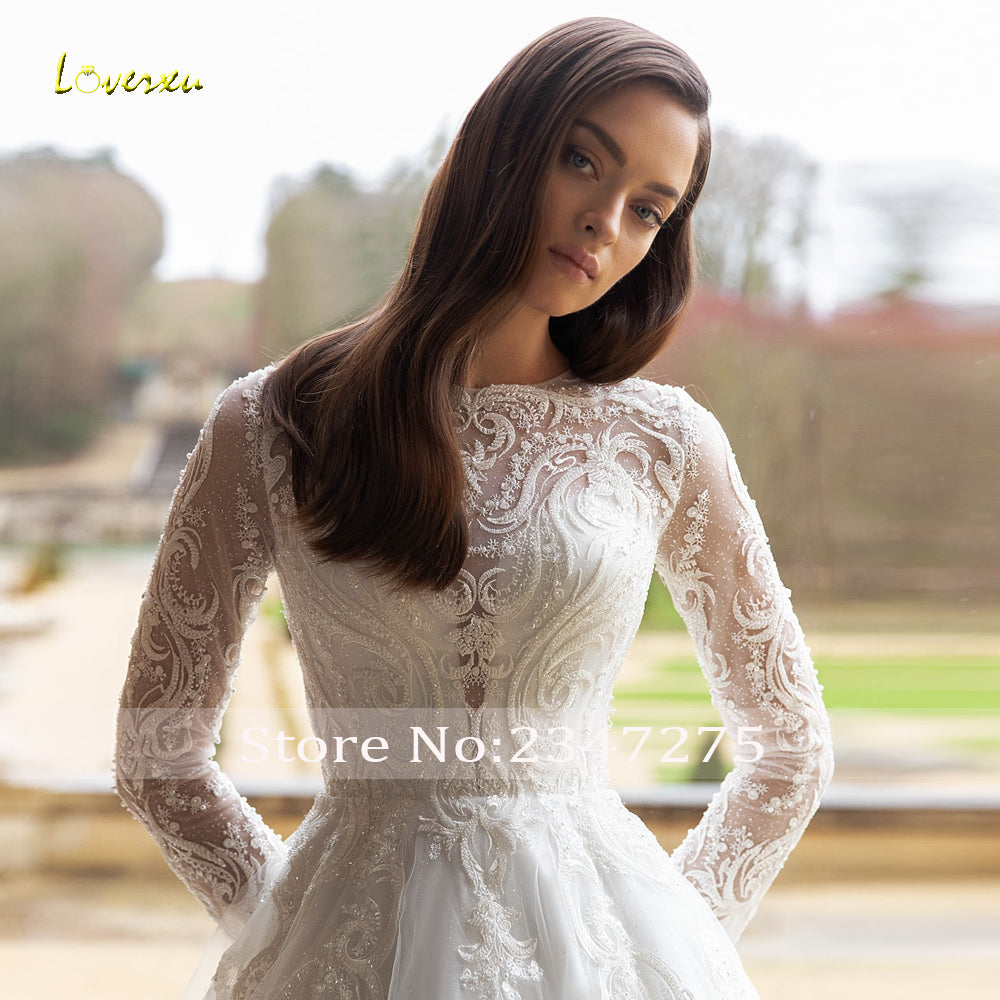 O-Neck Long Sleeve Robe Beaded Lace Appliques A-Line Wedding Dress The Clothing Company Sydney