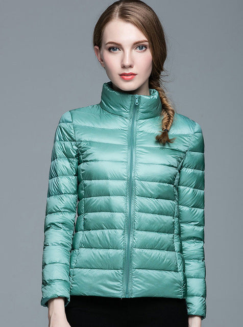 Ladies Stand Collar Duck Down Ultra Light Slim Long Sleeve Parka Puffer Jacket The Clothing Company Sydney
