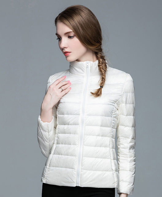 Ladies Stand Collar Duck Down Ultra Light Slim Long Sleeve Parka Puffer Jacket The Clothing Company Sydney