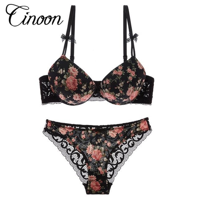 2 Piece Silk Lace Floral Push up Bow Bra and Hollow out Panties The Clothing Company Sydney