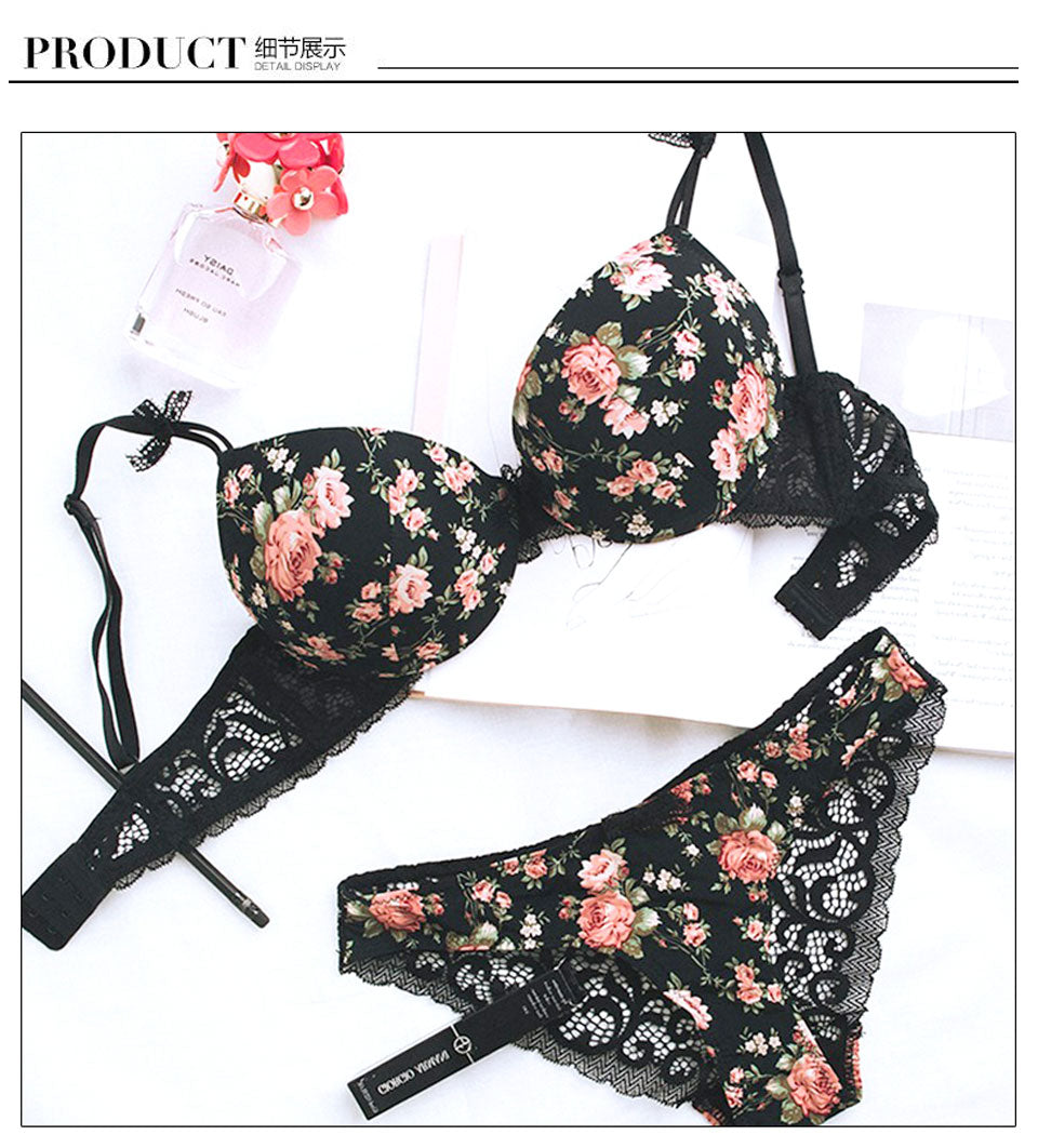 2 Piece Silk Lace Floral Push up Bow Bra and Hollow out Panties The Clothing Company Sydney