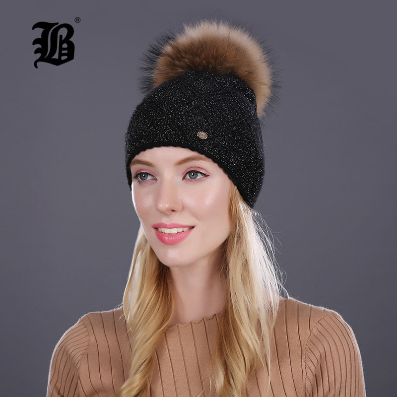 Winter fur Beanie cap women's cashmere wool cotton Big Real Raccoon fur pom poms fur winter hat The Clothing Company Sydney