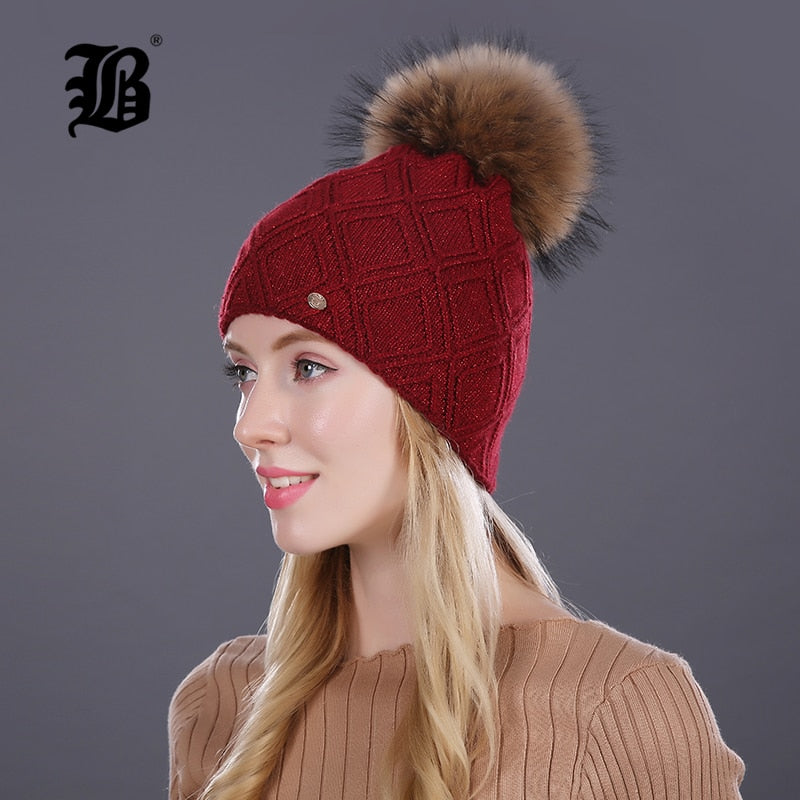 Winter fur Beanie cap women's cashmere wool cotton Big Real Raccoon fur pom poms fur winter hat The Clothing Company Sydney