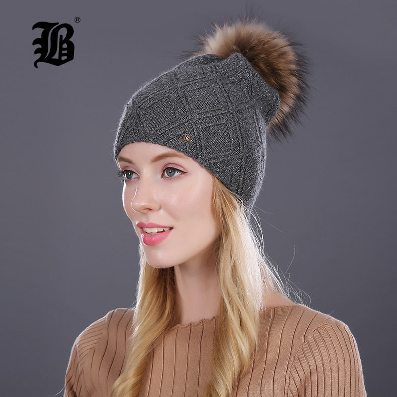 Winter fur Beanie cap women's cashmere wool cotton Big Real Raccoon fur pom poms fur winter hat The Clothing Company Sydney