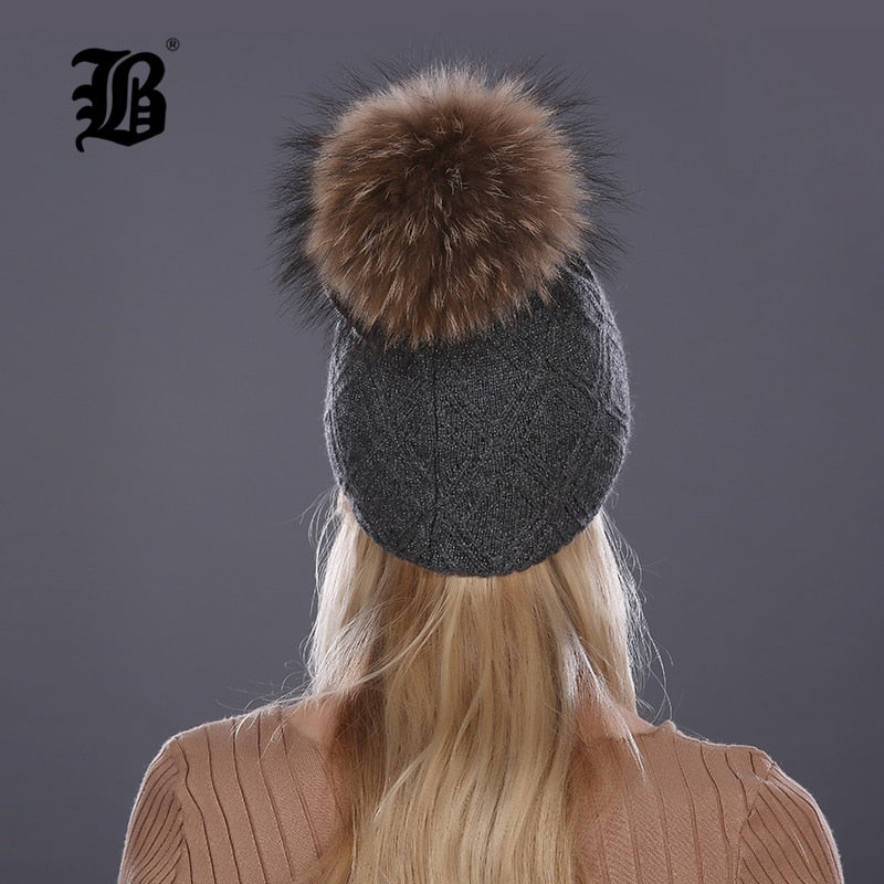 Winter fur Beanie cap women's cashmere wool cotton Big Real Raccoon fur pom poms fur winter hat The Clothing Company Sydney