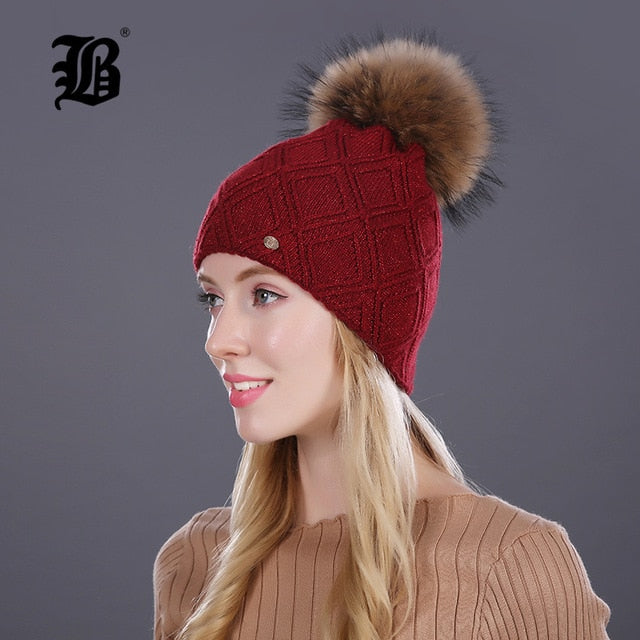 Winter fur Beanie cap women's cashmere wool cotton Big Real Raccoon fur pom poms fur winter hat The Clothing Company Sydney