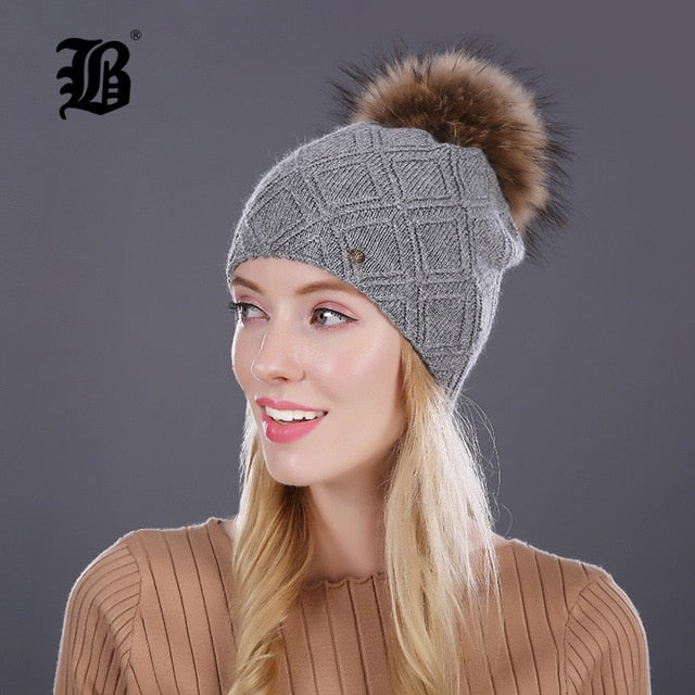 Winter fur Beanie cap women's cashmere wool cotton Big Real Raccoon fur pom poms fur winter hat The Clothing Company Sydney