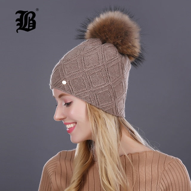 Winter fur Beanie cap women's cashmere wool cotton Big Real Raccoon fur pom poms fur winter hat The Clothing Company Sydney