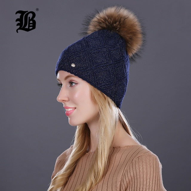 Winter fur Beanie cap women's cashmere wool cotton Big Real Raccoon fur pom poms fur winter hat The Clothing Company Sydney