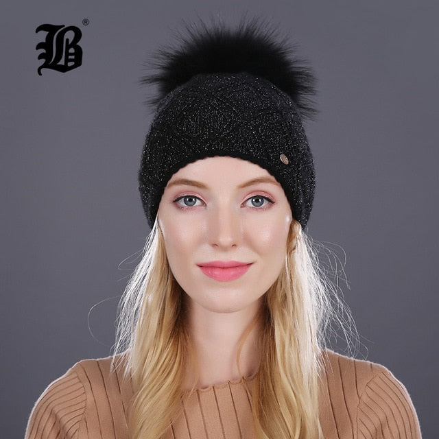 Winter fur Beanie cap women's cashmere wool cotton Big Real Raccoon fur pom poms fur winter hat The Clothing Company Sydney