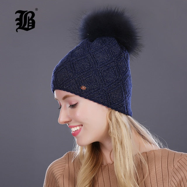 Winter fur Beanie cap women's cashmere wool cotton Big Real Raccoon fur pom poms fur winter hat The Clothing Company Sydney
