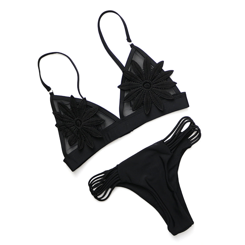 Mesh Embroidered Floral Strappy Micro Thong Brazilian Bikini Swimsuit Swimwear The Clothing Company Sydney