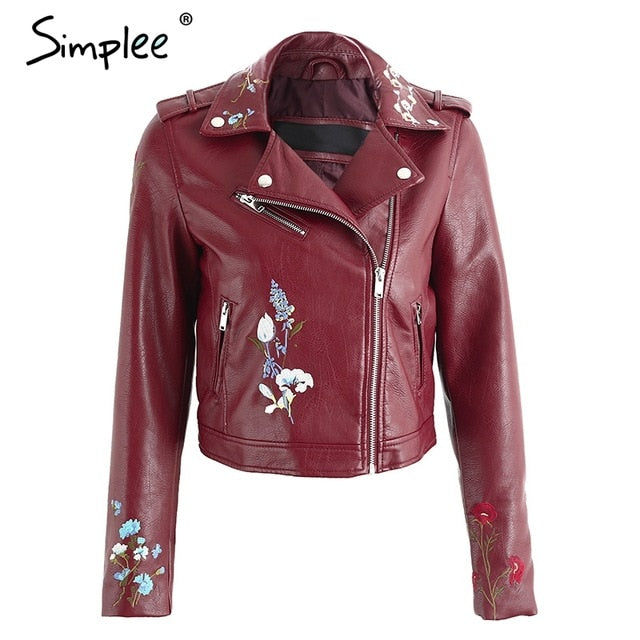 Embroidery faux leather coat Motorcycle zipper wine red leather jacket women Fashion cool outerwear winter jacket The Clothing Company Sydney
