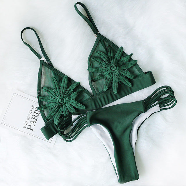 Mesh Embroidered Floral Strappy Micro Thong Brazilian Bikini Swimsuit Swimwear The Clothing Company Sydney