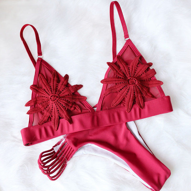 Mesh Embroidered Floral Strappy Micro Thong Brazilian Bikini Swimsuit Swimwear The Clothing Company Sydney