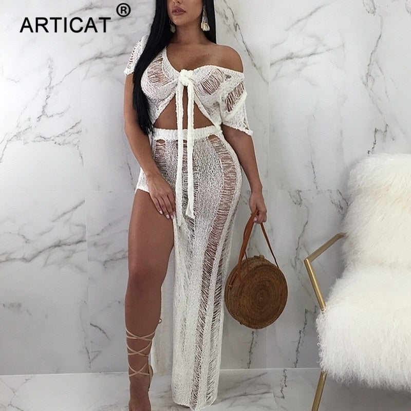 Bow Tie Hollow Out Knitted Two Piece Transparent Bandage Maxi Beach Casual Slim Summer Dress The Clothing Company Sydney