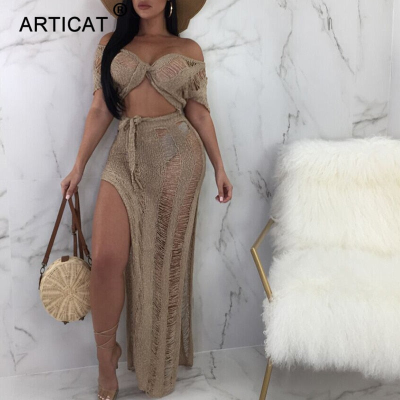 Bow Tie Hollow Out Knitted Two Piece Transparent Bandage Maxi Beach Casual Slim Summer Dress The Clothing Company Sydney