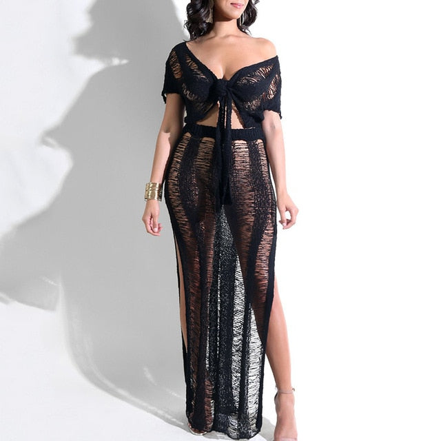 Bow Tie Hollow Out Knitted Two Piece Transparent Bandage Maxi Beach Casual Slim Summer Dress The Clothing Company Sydney