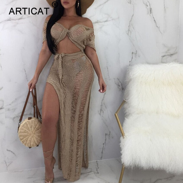 Bow Tie Hollow Out Knitted Two Piece Transparent Bandage Maxi Beach Casual Slim Summer Dress The Clothing Company Sydney