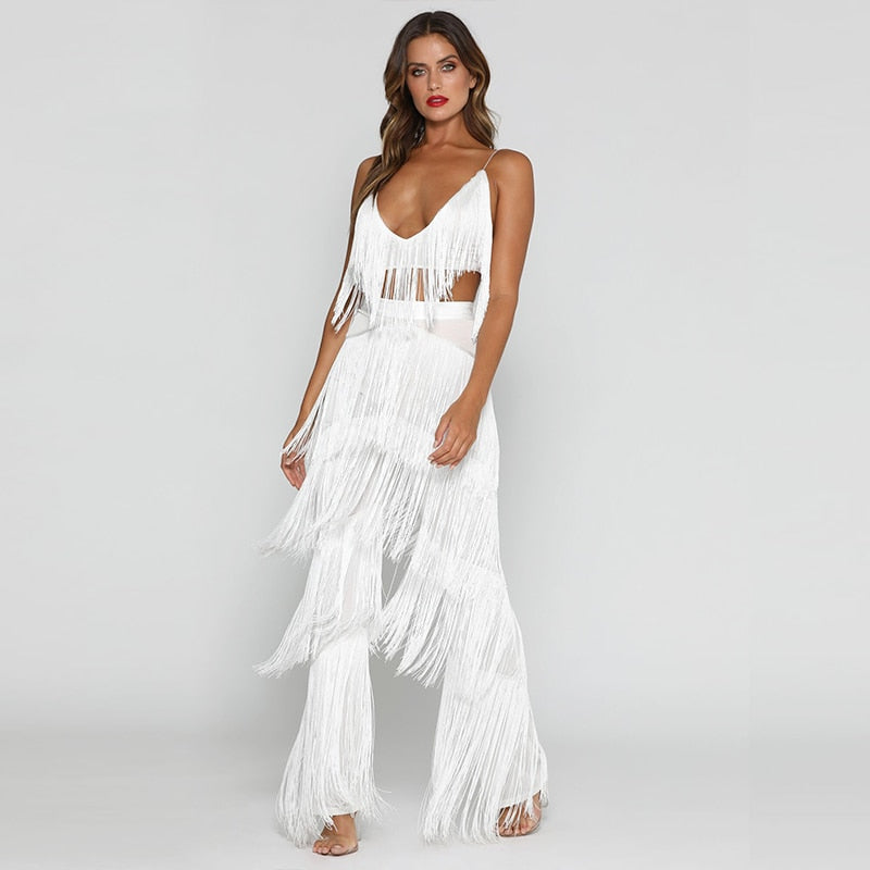 Two Piece Sets Long Pants And Strap Tops Tassel Set Trousers Sexy Solid Party Club Casual Wear Suit The Clothing Company Sydney