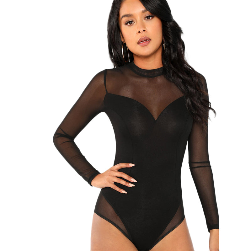 Black Solid Mock Neck Mesh Panel Skinny Long Sleeve Office Female Basic Bodysuit The Clothing Company Sydney