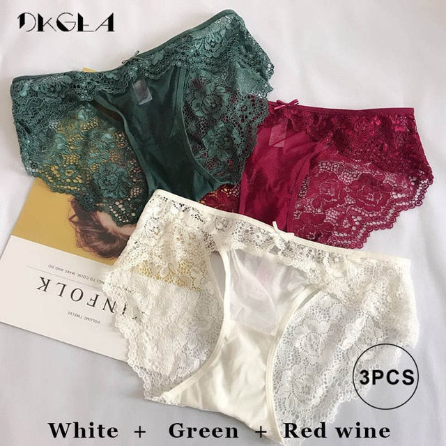 3 Piece Low-rise White+Green+Red wine Underwear Lace Transparent Briefs Hollow Out Embroidery Panty The Clothing Company Sydney
