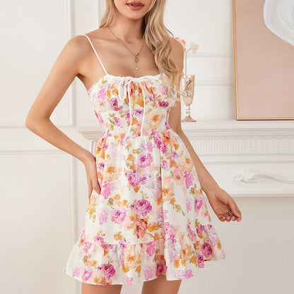 Summer Lace Floral Patchwork Corset Mini Sleeveless Square Neck Tie-up Short A-line Flowy Party Dress - The Clothing Company Sydney