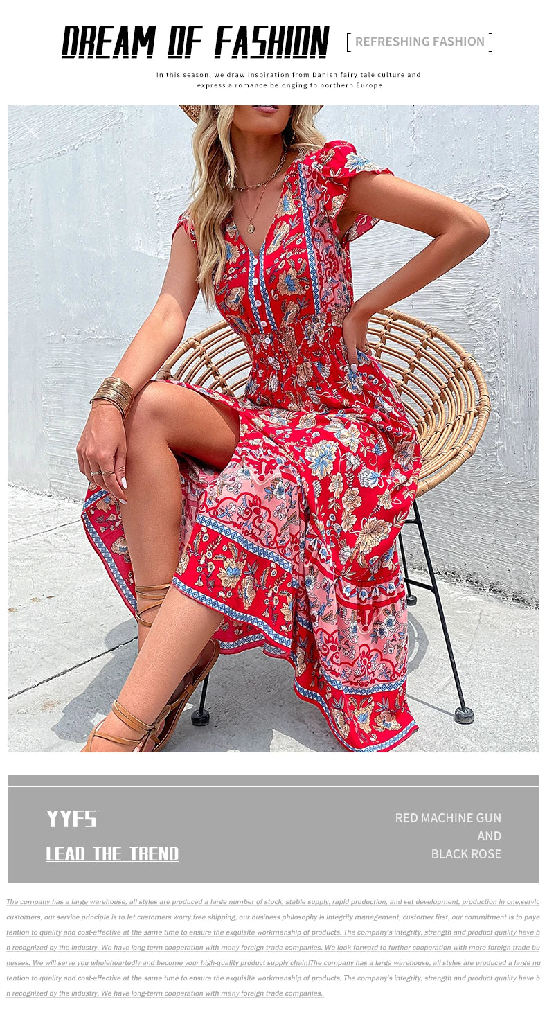 Short Sleeves V Neck Vintage Floral Boho Printed Slit Midi Dresses A Line Bohemian Summer Beach Dress - The Clothing Company Sydney