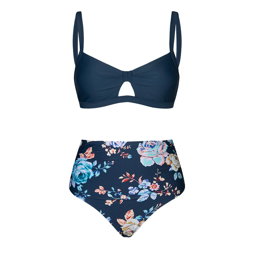 Cut Out Back Tie High Waist Bikini Sets Swimsuit Women Blue Floral Sexy Two Pieces Beachwear 2023 Bathing Suit Swimwear The Clothing Company Sydney