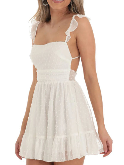 Summer Lace Floral Patchwork Corset Mini Sleeveless Square Neck Tie-up Short A-line Flowy Party Dress - The Clothing Company Sydney