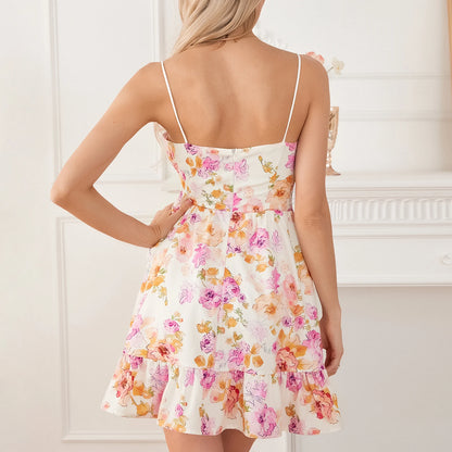 Summer Lace Floral Patchwork Corset Mini Sleeveless Square Neck Tie-up Short A-line Flowy Party Dress - The Clothing Company Sydney