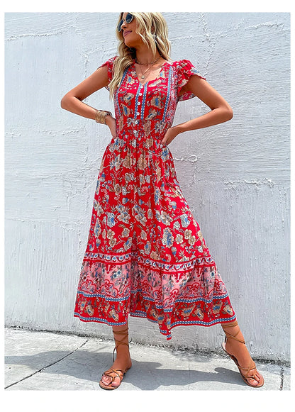 Short Sleeves V Neck Vintage Floral Boho Printed Slit Midi Dresses A Line Bohemian Summer Beach Dress - The Clothing Company Sydney