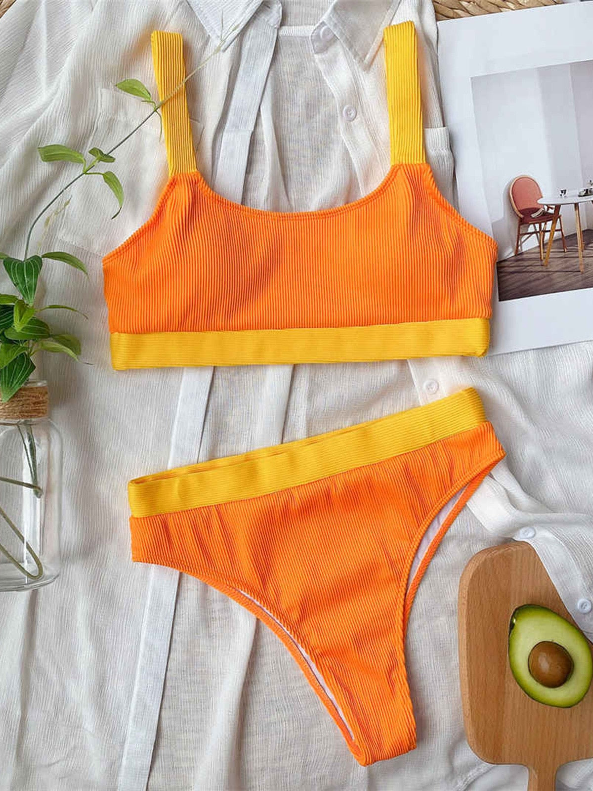Ribbed Splicing Female Swimsuit High Waist Bikini Women's  Two-piece Bikini set Bather Bathing Suit Swimwear The Clothing Company Sydney