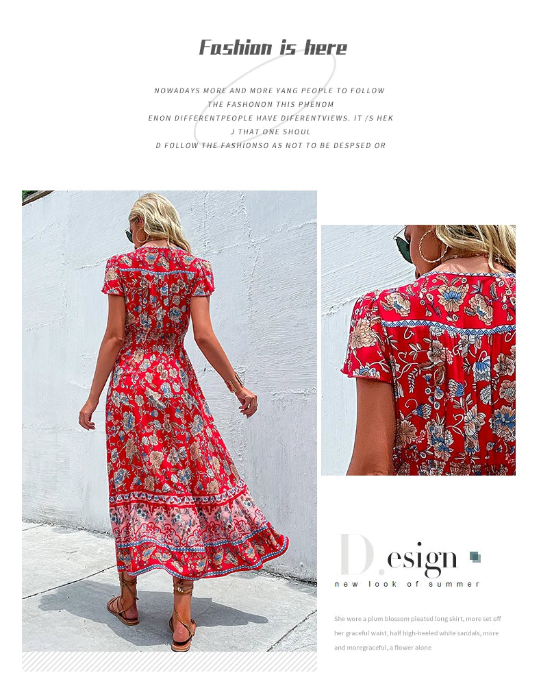 Short Sleeves V Neck Vintage Floral Boho Printed Slit Midi Dresses A Line Bohemian Summer Beach Dress - The Clothing Company Sydney
