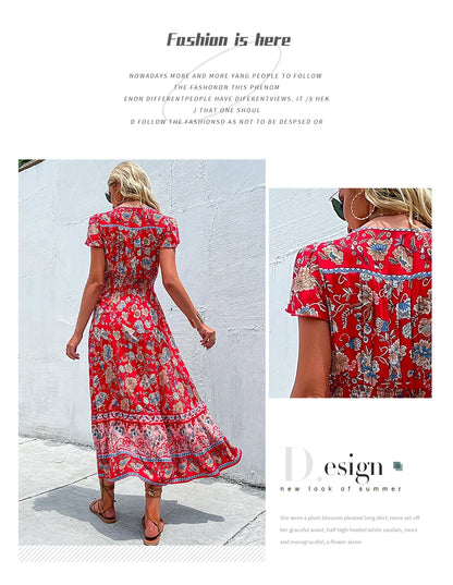 Short Sleeves V Neck Vintage Floral Boho Printed Slit Midi Dresses A Line Bohemian Summer Beach Dress - The Clothing Company Sydney
