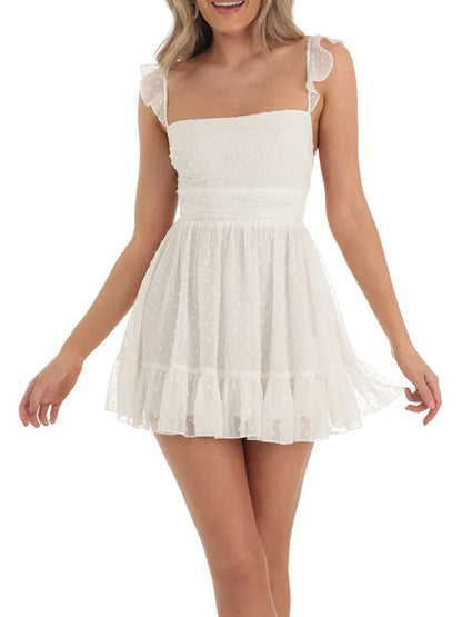 Summer Lace Floral Patchwork Corset Mini Sleeveless Square Neck Tie-up Short A-line Flowy Party Dress - The Clothing Company Sydney
