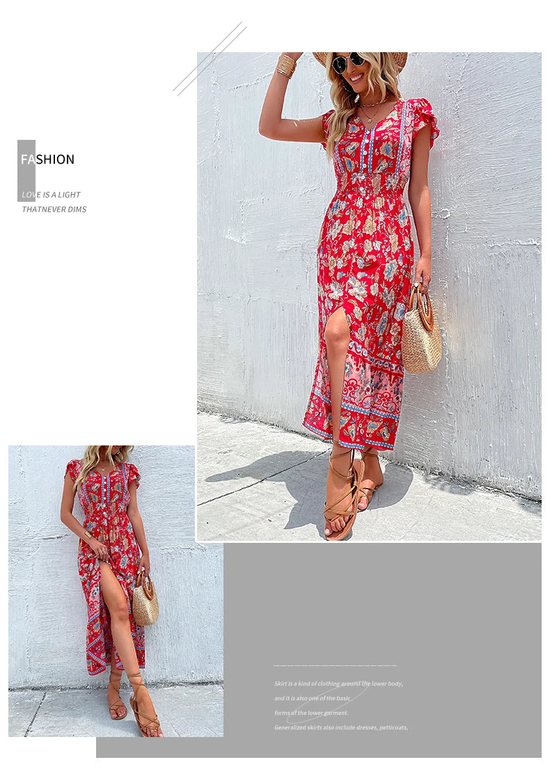 Short Sleeves V Neck Vintage Floral Boho Printed Slit Midi Dresses A Line Bohemian Summer Beach Dress - The Clothing Company Sydney
