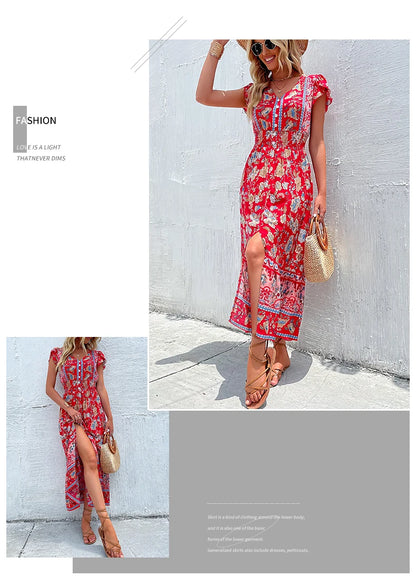 Short Sleeves V Neck Vintage Floral Boho Printed Slit Midi Dresses A Line Bohemian Summer Beach Dress - The Clothing Company Sydney