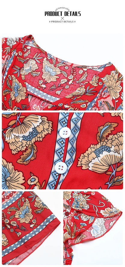 Short Sleeves V Neck Vintage Floral Boho Printed Slit Midi Dresses A Line Bohemian Summer Beach Dress - The Clothing Company Sydney