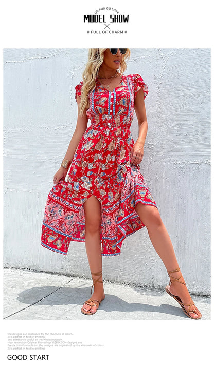 Short Sleeves V Neck Vintage Floral Boho Printed Slit Midi Dresses A Line Bohemian Summer Beach Dress - The Clothing Company Sydney