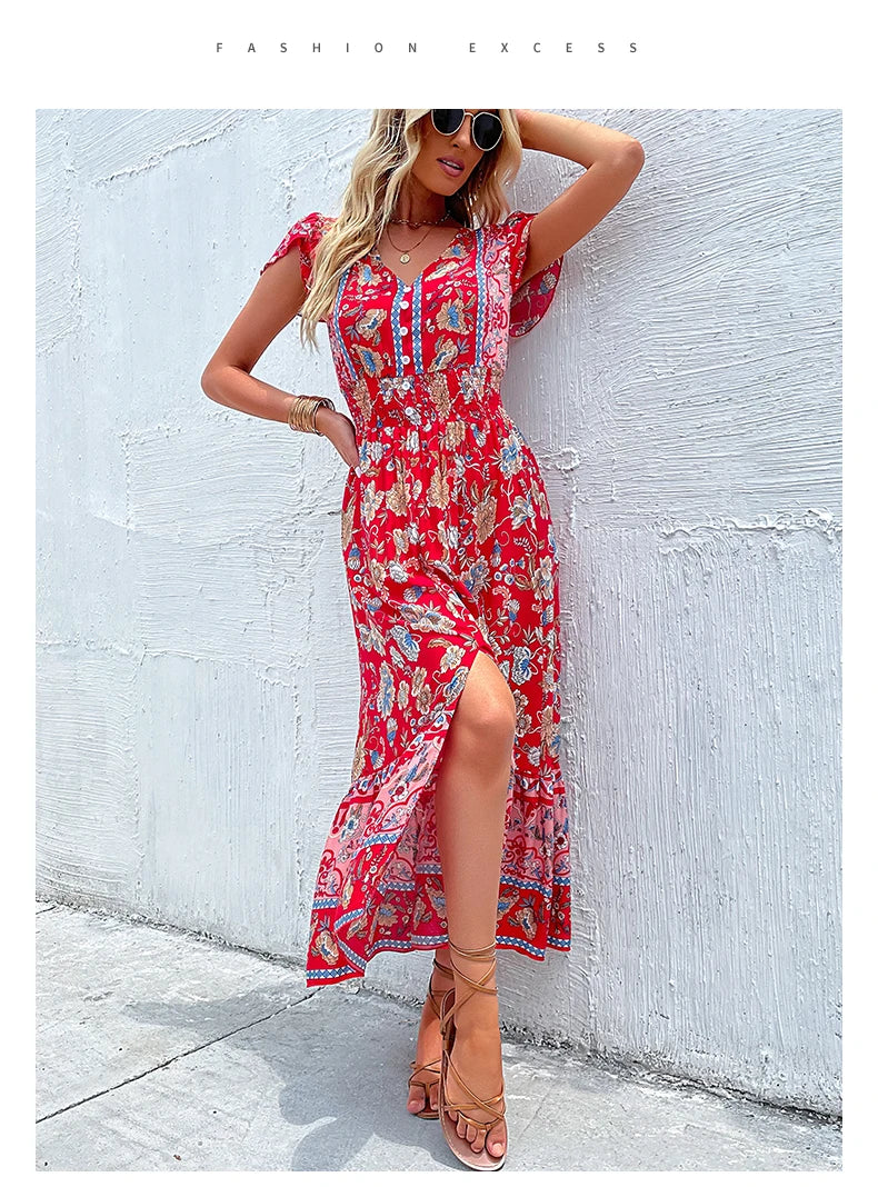 Short Sleeves V Neck Vintage Floral Boho Printed Slit Midi Dresses A Line Bohemian Summer Beach Dress - The Clothing Company Sydney
