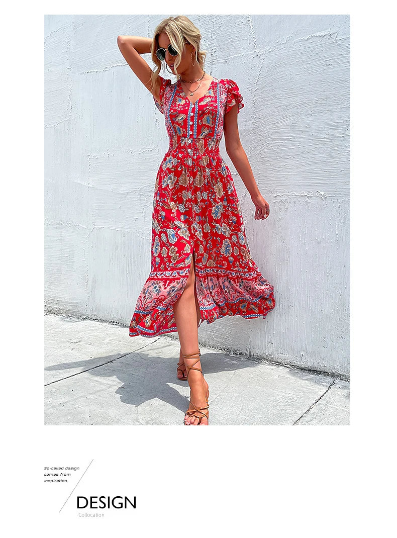 Short Sleeves V Neck Vintage Floral Boho Printed Slit Midi Dresses A Line Bohemian Summer Beach Dress - The Clothing Company Sydney