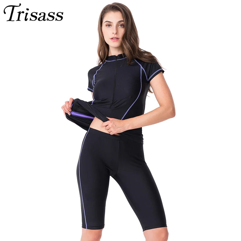 Two Piece Skirt Swimsuit For Women Sports Surf Suit Tankini Long Pants Bathing suit With Zipper Sleeve Swimwear - The Clothing Company Sydney