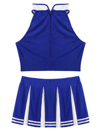 Women's Cheerleading Costume Uniform Carnival Cosplay Outfit Stand Collar Sleeveless Crop Top with Mini Pleated Skirt - The Clothing Company Sydney