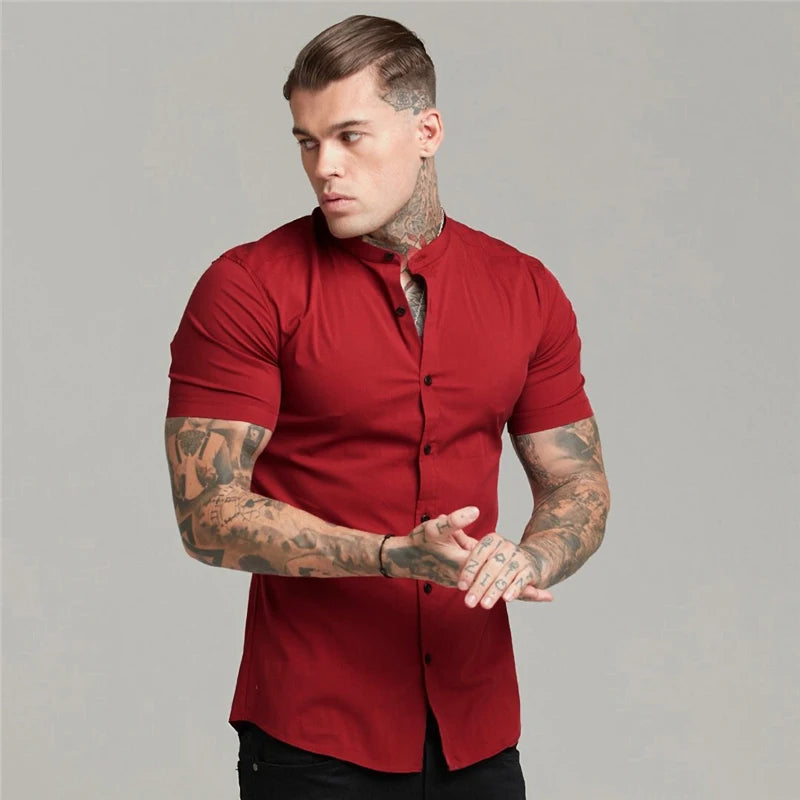 Summer Short Sleeve Shirt Solid Fitness Mens Stand Collar Super Slim Fit Business Dress Shirt Button Gym Tops - The Clothing Company Sydney