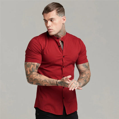 Summer Short Sleeve Shirt Solid Fitness Mens Stand Collar Super Slim Fit Business Dress Shirt Button Gym Tops - The Clothing Company Sydney