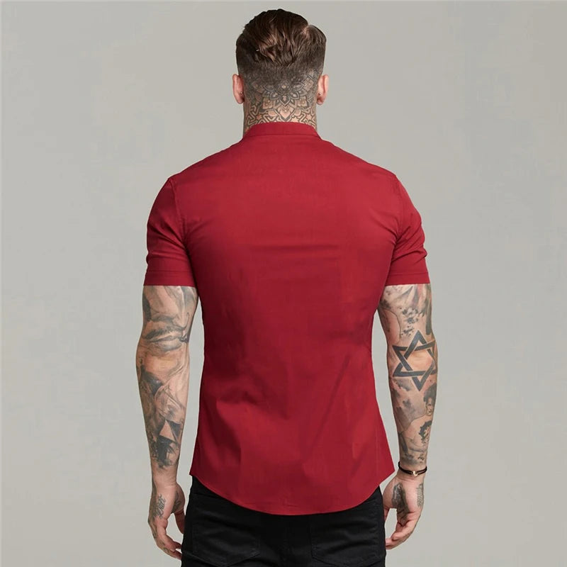 Summer Short Sleeve Shirt Solid Fitness Mens Stand Collar Super Slim Fit Business Dress Shirt Button Gym Tops - The Clothing Company Sydney