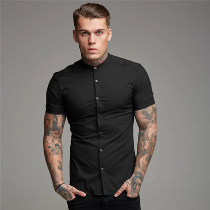 Summer Short Sleeve Shirt Solid Fitness Mens Stand Collar Super Slim Fit Business Dress Shirt Button Gym Tops - The Clothing Company Sydney