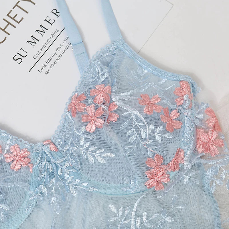 Floral Embroidery Lingerie Woman See Through Underwear Transparent Lingerie Set 2 Pieces Lace Bra Thong Brief Sets The Clothing Company Sydney